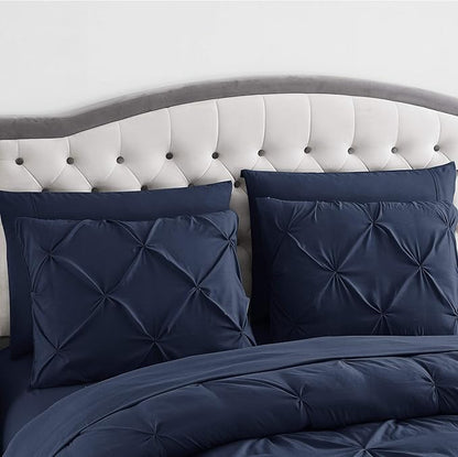 King Size Comforter Set 8 Piece Bed in a Bag with Bed Skirt, Fitted Sheet, Flat Sheet, 2 Pillowcases, 2 Pillow Shams, King, Pintuck Navy