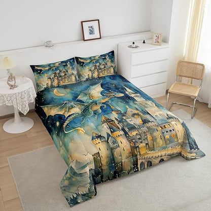 Teens Cartoon Dragon Comforter Set Queen Size,Watercolor Castle Bedding Set for Kids Boys Girls Bedroom Decoration,Dreamy Starry Sky Bed Duvet Insert,Fairy Tale Theme Comforter with 2 Pillowcases