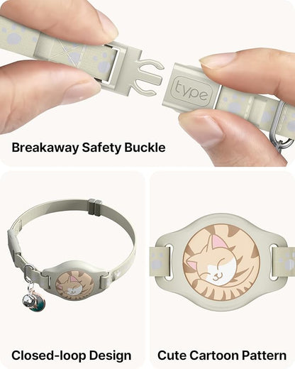 Cat Tracker Collar - Waterproof Airtag Cat Collar with Finder Tag, Khaki | Compatible with Apple Find My (iOS ONLY), Breakaway Tractive Design with Reflective Pattern & Bell (Not for Android Devices)