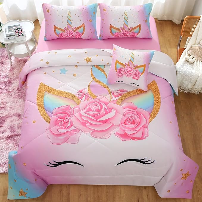 JQinHome Unicorn Queen Bedding Sets for Girls Kids,6 Piece Bed in A Bag 3D Colorful Flower Girl Unicorn Comforter Set(1 Comforter,2 Pillowcases,1 Flat Sheet,1 Fitted Sheet,1 Cushion Cover)