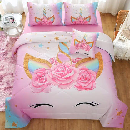 JQinHome Unicorn Twin Bedding Sets for Girls Kids,6 Piece Bed in A Bag 3D Colorful Flower Girl Unicorn Comforter Set with Sheet Set