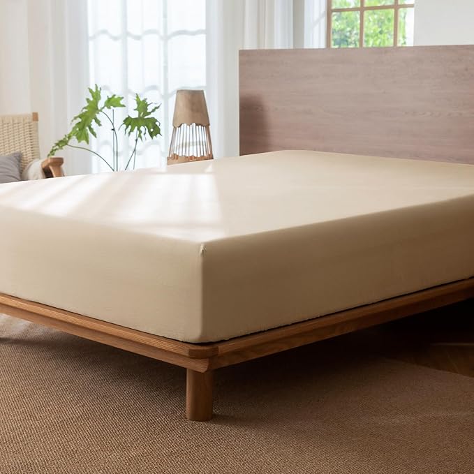 MooMee Fitted Bottom Sheet Only 100% Washed Cotton Linen Like Textured Breathable Durable Soft Comfy Deep Pocket Fits Mattress up to 17" (Almond Milk Grey, California King)