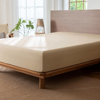 MooMee Fitted Bottom Sheet Only 100% Washed Cotton Linen Like Textured Breathable Durable Soft Comfy Deep Pocket Fits Mattress up to 17" (Almond Milk Grey, California King)