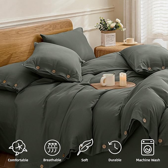 JELLYMONI Cotton Duvet Cover Twin XL Size - Gray Comforter Cover with Button 100% Washed Cotton 2PCS Breathable Soft Solid Bedding Set Duvet Cover 66×92in & 1 Pillowcase (NO Comforter)