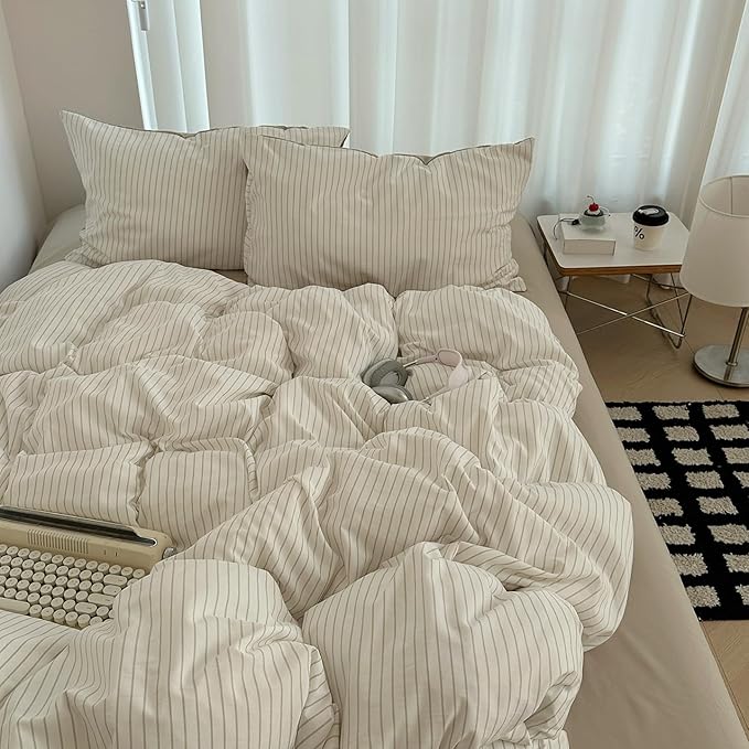 Nayoroom Brown Striped Duvet Cover Queen Size 100% Washed Cotton Duvet Cover Linen Like Textured, Reversible 3 Pieces Soft Breathable Yarn-Dyed Stripe Girls Dorm Bedding Set for All Seasons