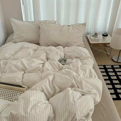 Nayoroom Brown Striped Duvet Cover Queen Size 100% Washed Cotton Duvet Cover Linen Like Textured, Reversible 3 Pieces Soft Breathable Yarn-Dyed Stripe Girls Dorm Bedding Set for All Seasons