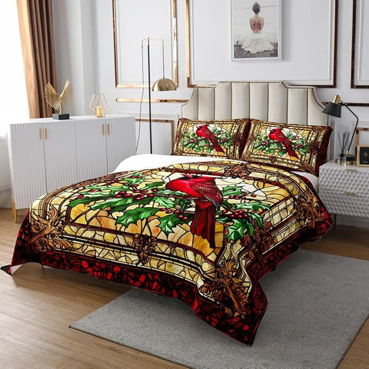 Manfei Christmas Cardinal Kids Bedspread Twin Size,Red Bird Poinsettia Flower Merry Christmas Coverlet Set,Boys Girls Room Decor,Glass Paint Geometric Quilted Coverlet,Xmas Bedding Quilt,1 Pillowcase