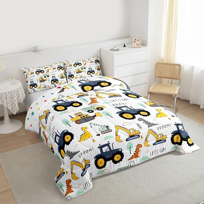 Kids Excavator Comforter Set Full, Cartoon Equipment Trucks Bedding for Boys Girls Children, Dinosaur Duvet Insert, Yellow Blue Construction Vehicle Down Comforter, Tractor Quilt Set Bedroom Decor