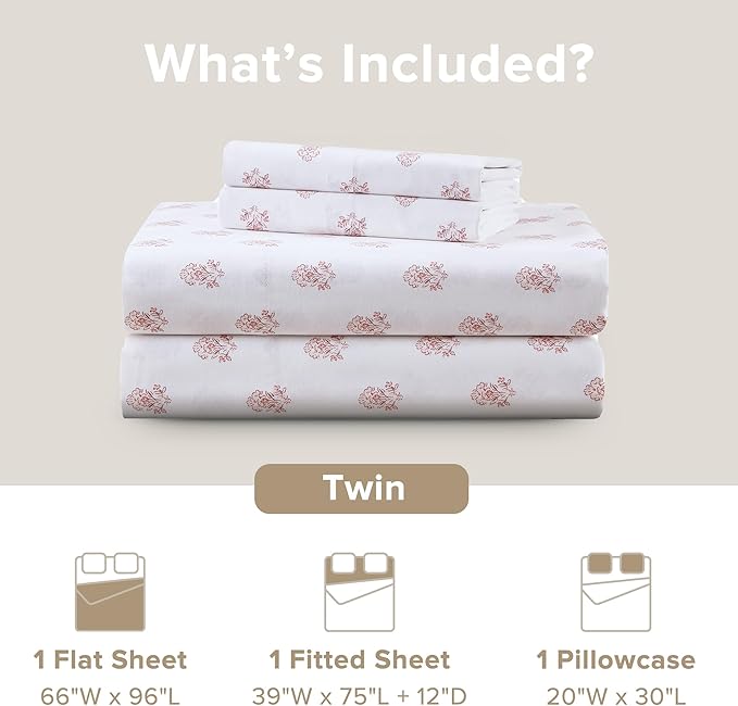 Comfort Spaces 100% Cotton Sheets Twin, Breathable, Naturally Cool Cotton Sheets, Soft Cotton Bed Sheets with 12" Elastic Pocket Fits up to 14" Mattress, All Seasons Sheet Set, Floral Pink 3 Piece