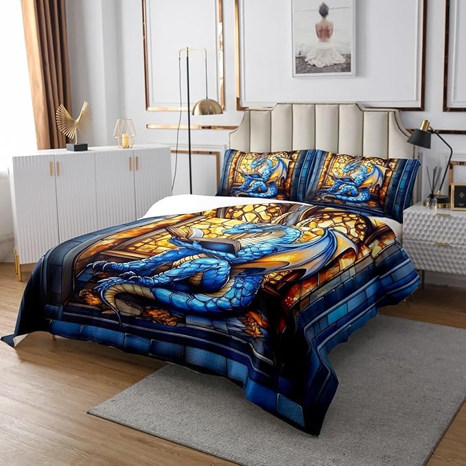 Western Dragon Kids Bedspread Queen Size,Blue Dragon Reading Book Bookshelf Coverlet Set,Boys Girls Room Decor,Geometric Patchwork Abstract Quilted Coverlet,Trippy Chic Bedding Quilt,2 Pillowcases