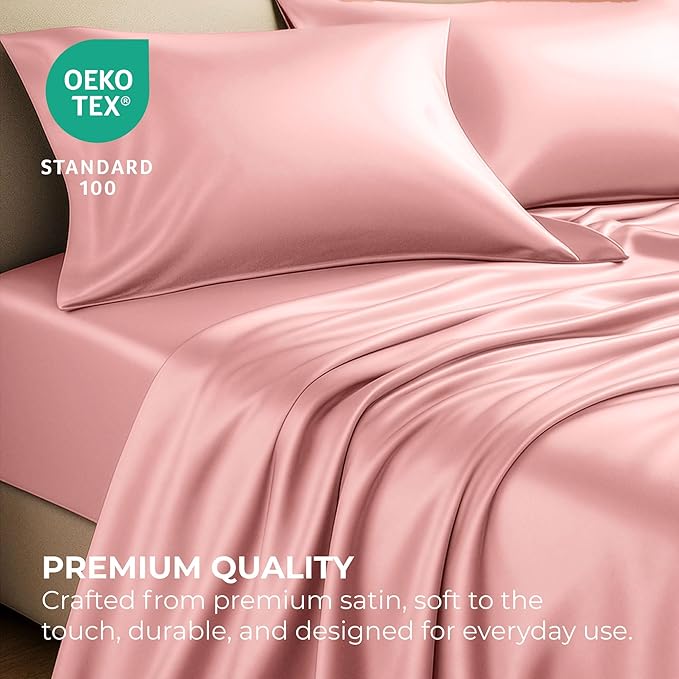 Satin Sheets King [4-Piece, Pink] Hotel Luxury Silky Bed Sheets - Extra Soft 1800 Microfiber Sheet Set, Wrinkle, Fade, Stain Resistant - Deep Pocket Fitted Sheet, Flat Sheet, Pillow Cases