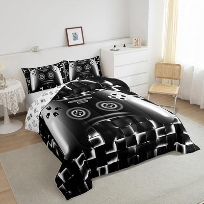 Erosebridal Gaming Comforter for Boys Teens Game Bedding Set for Kids Gamer Comforter Set for All Season Gamepad Room Decor Duvet Quilt Full Size,1 Comforter with 2 Pillowcases Neon Black White Grey