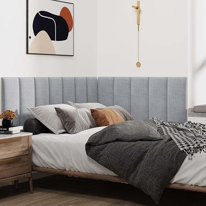 IFNOW Wall Mounted Headboard, Peel and Stick Panels, Light Grey, King | 3D Soundproof Acoustic Padding, Reusable and Removable Tufted fabric Bed Headboard for bedroom (12 Panels, 10" x 24")
