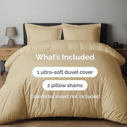 Duvet Cover Full Size Set - Extra Soft Full Duvet Cover 80" x 90" with 2 Pillow Shams - Hotel Luxury, Easy Care and Fade Free w/ Zipper Closures & Ties - All Season, Comfy, Cozy & Breathable (Beige)