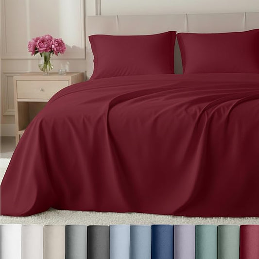California Design Den Natural 100% Cotton Sheets Queen Size Bed Set Deep Pockets - Luxury Hotel 800 Thread Count, Soft Sateen Cotton Bed Sheets Queen, Durable Bedding Set - Red Wine