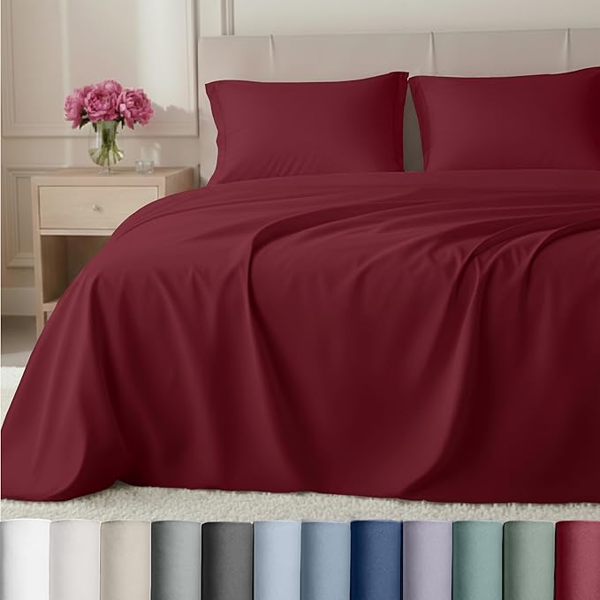 California Design Den Split King Sheets Set - Luxury Hotel 800 Thread Count Sateen, Soft and Natural 100% Cotton Sheets, Deep Pockets for a Snug Fit, Durable Bedding Set - Red Wine