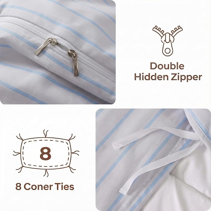 Bedbay Cotton Striped Duvet Cover Set Queen Size, Grey Blue Striped Bedding, 100% Cotton Sateen, Silky Soft Modern Minimalist 3 Piece Bedding Set for All Seasons