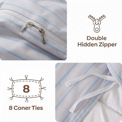 Bedbay Cotton Striped Duvet Cover Set Queen Size, Grey Blue Striped Bedding, 100% Cotton Sateen, Silky Soft Modern Minimalist 3 Piece Bedding Set for All Seasons
