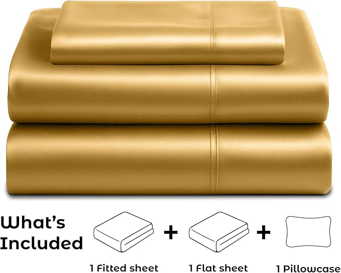 Satin Sheets Twin [3-Piece, Gold] Hotel Luxury Silky Bed Sheets - Extra Soft 1800 Microfiber Sheet Set, Wrinkle, Fade, Stain Resistant - Deep Pocket Fitted Sheet, Flat Sheet, Pillow Cases