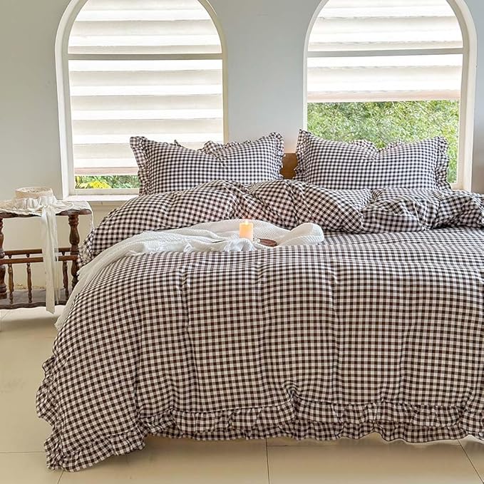 NSNLGSGC Mocha Ruffle Gingham Comforter Set King, Pre-Washed Ruffled Coffee Plaid Checked Comforter Bedding, 3 Pieces Vintage Farmhouse Grid Bedding Set(Mocha Gingham, King)