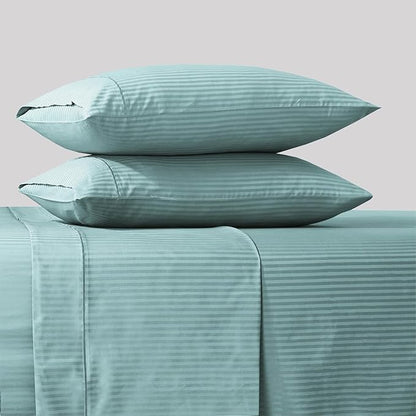Feather & Stitch 500 TC Twin Size Bed Sheet Set, 100% Cotton Soft Breathable Bedsheets, 3 Piece 18" Deep Pockets Sateen Weave Striped Bedding Mattress Resort Hotel Luxury - (Granite Green Stripe)