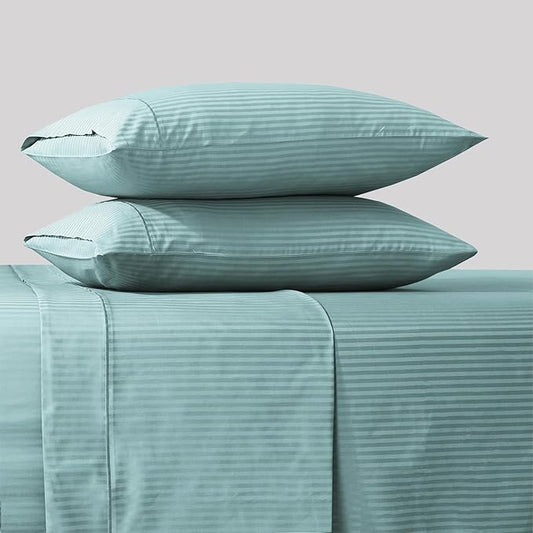Feather & Stitch 500 TC California King Size Damask Bed Sheet Set,100% Cotton Soft Breathable Bedsheets 4 Piece 18" Deep Pockets Sateen Weave Striped Bedding - (Granite Green Stripe)