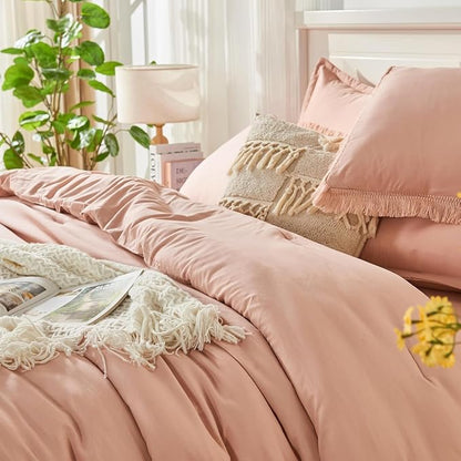 Andency Oversized King Comforter Set Pink 120x98-7 Pieces Boho Tassel Bed in a Bag Soft Lightweight Bedding Sets, Fringe All Season Bed Set with Comforter, Sheets, Pillowcases & Shams