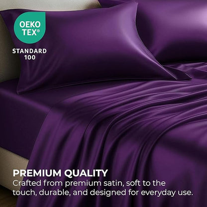 Satin Sheets Queen [4-Piece, Purple] Hotel Luxury Silky Bed Sheets - Extra Soft 1800 Microfiber Sheet Set, Wrinkle, Fade, Stain Resistant - Deep Pocket Fitted Sheet, Flat Sheet, Pillow Cases