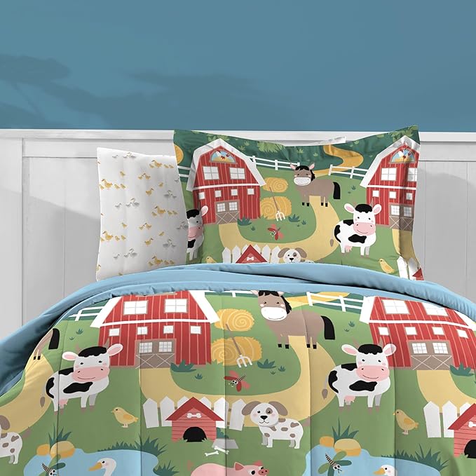 Dream Factory Kids 5-Piece Complete Bed Set Easy-Wash Super Soft Microfiber Comforter Bedding, Twin, Multi Barnyard Animals