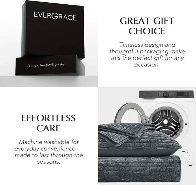 EVERGRACE Velvet Quilt Set California King 118'' x 106'', Luxurious Soft Striped Channel Bedding Set, Lightweight Velvet Comforter for All Season, Oversized Bedspread Coverlet w/ 2 Shams Charcoal Gray
