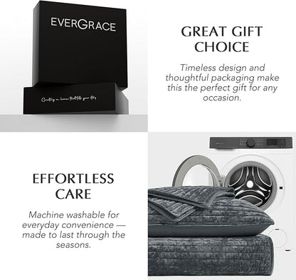EVERGRACE Velvet Quilt Set King Size, Luxurious Soft Striped Channel Bedding Set, Lightweight Velvet Comforter for All Season, Oversized Bedspread Coverlet with 2 Matching Shams, Charcoal Gray