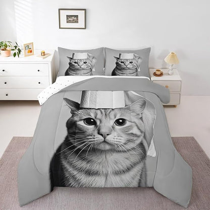 Erosebridal Kitten Bedding Set King Size Cat Comforter Set for Kids Boys Girls 3D Kawaii Cute Hat Bowl Black Grey Comforter Warm Soft Quilt Insert