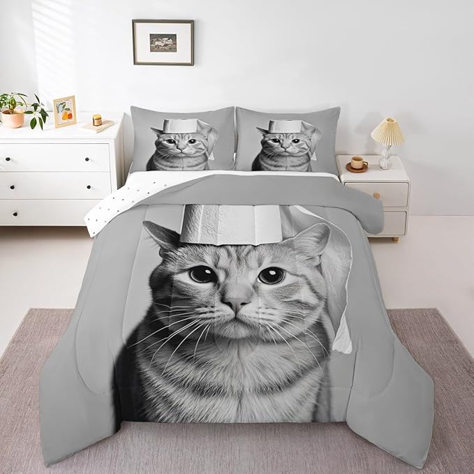 Erosebridal Kitten Bedding Set Queen Size Cat Comforter Set for Kids Boys Girls 3D Kawaii Cute Hat Bowl Black Grey Comforter Warm Soft Quilt Insert