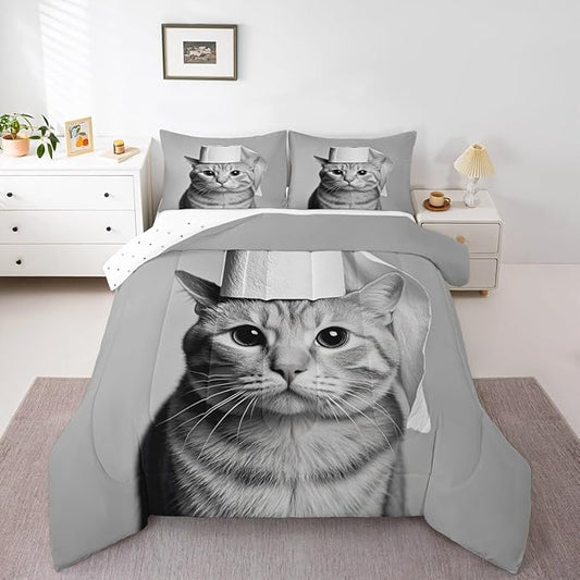 Erosebridal Kitten Bedding Set Twin Size Cat Comforter Set for Kids Boys Girls 3D Kawaii Cute Hat Bowl Black Grey Comforter Warm Soft Quilt Insert