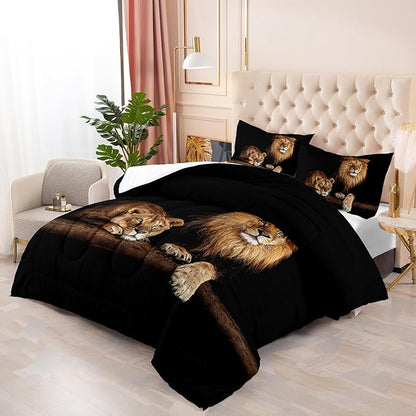 Lion and Lioness Comforter Set King Size,Lion Bedding Set King,King Animal Print Black Comforter Set,Tropical African Animal 3D Print Bedding Black Bed Set