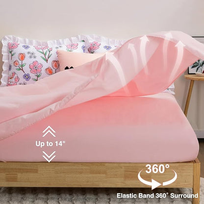 A Nice Night 6 Piece Comforter Set Twin Bed in a Bag with Comforter & Sheet Set,Chic Cute Rabbits Bow Printed Bedding Sets,Princess Ruffle Bedding for Kids Girls