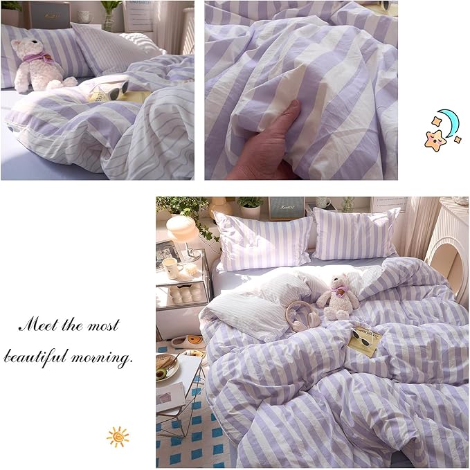 Purple Striped Full Bed Duvet Cover Vintage Cute Comforter Cover Full Soft Farmhouse Boho Hotel Duvet Cover Set with Hidden Zipper Dorm Room Girls Bedding Set Washed Microfiber Duvet Protector
