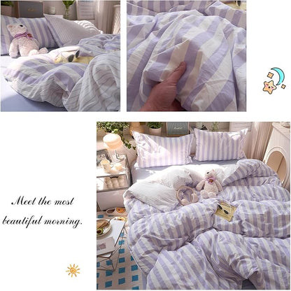 Purple Striped Full Bed Duvet Cover Vintage Cute Comforter Cover Full Soft Farmhouse Boho Hotel Duvet Cover Set with Hidden Zipper Dorm Room Girls Bedding Set Washed Microfiber Duvet Protector