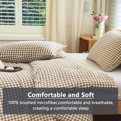 NSNLGSGC Twin Comforter Set, Tan Gingham Bedding Sets, Brown Grid Bed Comforter 2 Pieces (1 Comforter, 1 Pillowcase)