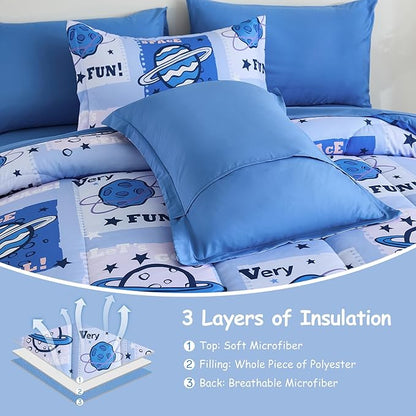 Drucon Kids Space Comforter Set Bed in A Bag Twin Size 6 Piece Cartoon Planets Bedding Set for Teens Boys Girls