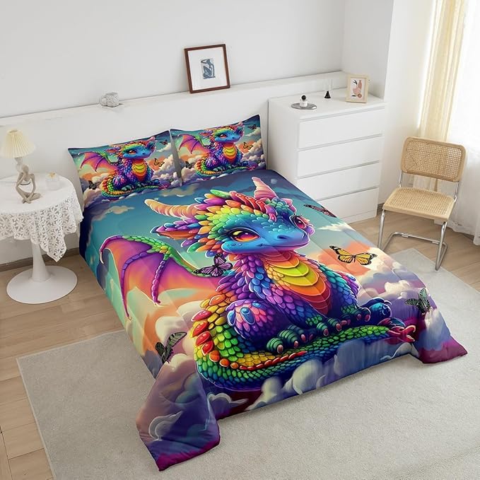 Castle Fairy Colorful Dragon Bedding Set Full Size Fancy Western Animal Comforter Set for Girls Boys Teens Room Decor Wild Butterfly Down Comforter Sunny Sky Clouds Quilt Set with 2 Pillowcases