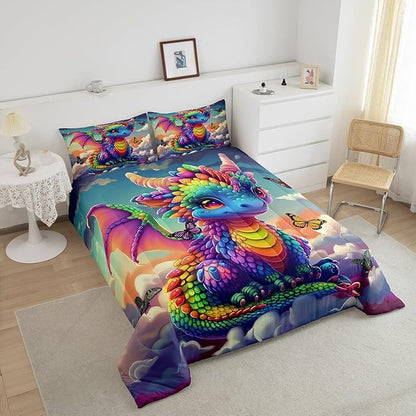 Castle Fairy Colorful Dragon Bedding Set Queen Size Fancy Western Animal Comforter Set for Girls Boys Teens Room Decor Wild Butterfly Down Comforter Sunny Sky Clouds Quilt Set with 2 Pillowcases
