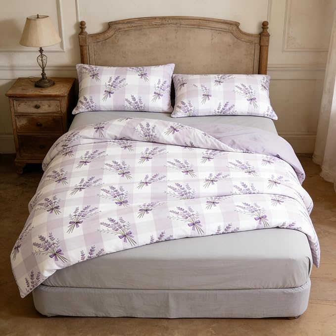 Lavender Comforter Set Full Size 5Pcs Purple Gingham Bedding Boho Plaid Checkered Quilted Comforter with 2 Pillow Cases + 1 Flat Sheet + 1 Fitted Sheet, 79"x90"