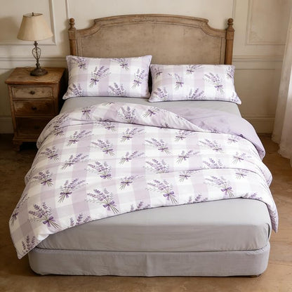 Lavender Comforter Set Full Size 5Pcs Purple Gingham Bedding Boho Plaid Checkered Quilted Comforter with 2 Pillow Cases + 1 Flat Sheet + 1 Fitted Sheet, 79"x90"