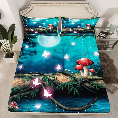 Red Mushroom Sheet Set King Size,Moon Night Sky Jungle Bedding (1 Fitted Sheet +1 Flat Sheet +2 Pillowcases),Magical Butterfly Cartoon Plant Sheet Soft Comfortable - 4 Piece