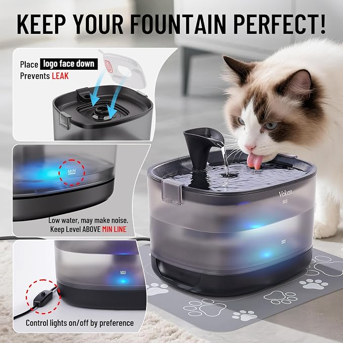 Veken 85oz/2.5L Cat Water Fountain with Detachable Tank & Secure Clips | Easy to Clean & Assemble, Quiet Operation & LED Light, Pet Drinking Dispenser, Gifts, Cats, Dogs and Small Pets, Black