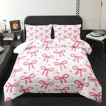 Pink Bowknot Comforter for Girls,3 Pieces Princess Bowknot Bedding Full Size,Kawaii Bow-tie Bed Set for Kids Women,Pink Cute Bow Bedding,Girls Bedroom Comforter Set 1 Quilt 2 Pillowcases