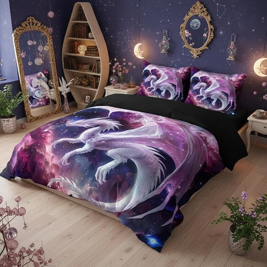 Kids Pink Dragon Comforter Set Full Size Castle Fairy Tale Bedding Set with Galaxy Outer Space Universe for Girls Teens 3 Pcs 3D Animals Quilt Set, 79"x90"