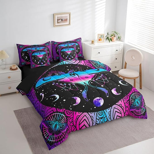 Erosebridal Exotic Moth 7 Piece Comforter Set Full Bed in a Bag,Sun and Moon Bedding Sets Bohemian Flowers Sheet Set with Comforter