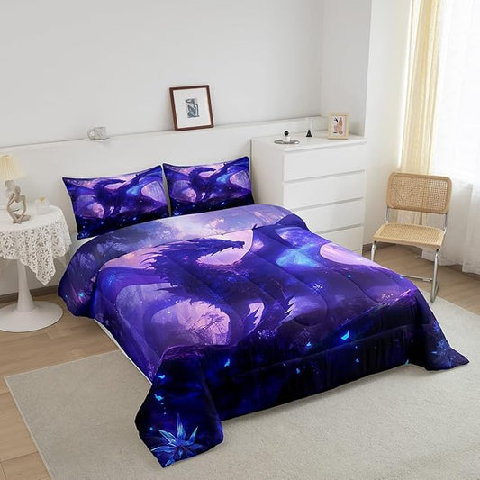 Feelyou Dragon Comforter Set - Toddler Size Jungle Dragon Bedding Set for Boys & Girls - Purple Quilt Set with Wild Animal Duvet Set